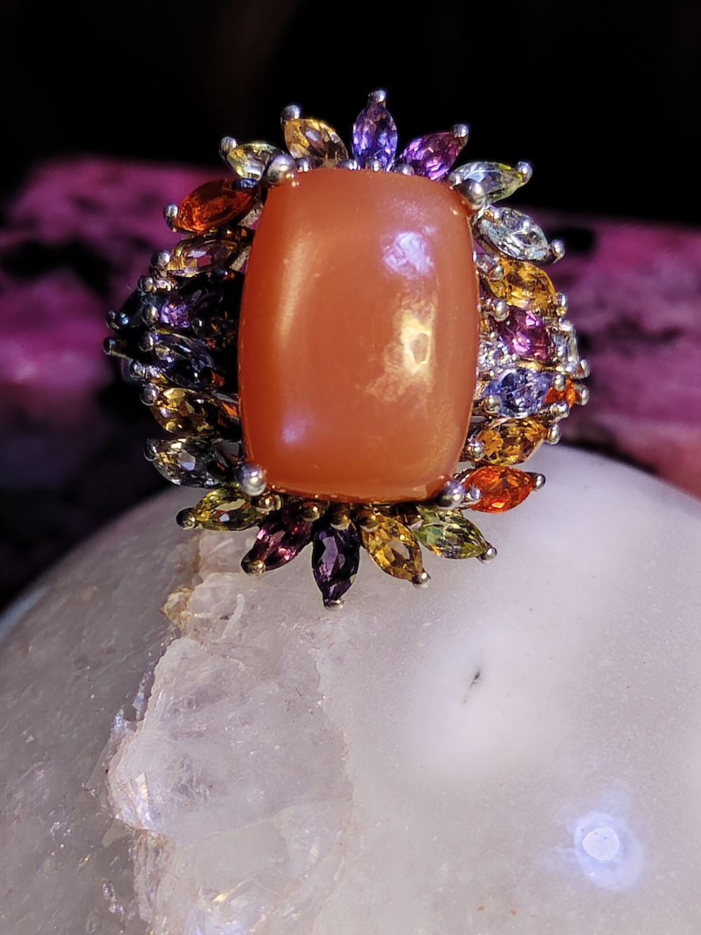 NWT- SOLID STERLING SILVER, PEACH MOONSTONE & MULTI GEMSTONE RING. SIZE 8